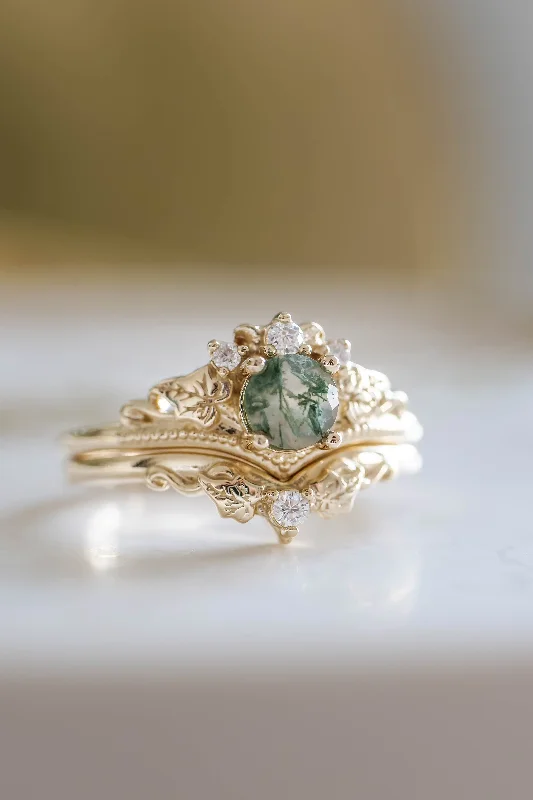Men's Agate Engagement Rings in Sterling Silver with a Mosaic - Style InlayREADY TO SHIP: Ariadne bridal ring set in 14K yellow gold, round moss agate, accents lab grown diamonds, AVAILABLE RING SIZES: 9 - 11 US