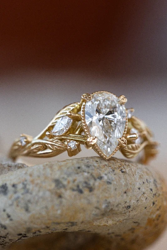 Men's Ruby Engagement Rings in Rose Gold with a Solitaire Design for a Romantic GestureLab grown diamond engagement ring, gold nature inspired ring with leaves and diamonds / Patricia