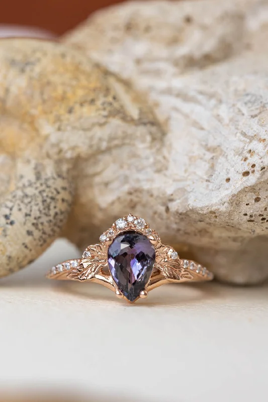 Men's Malachite Engagement Rings in 14K Gold with a Carved Stone CenterpiecePurple tanzanite engagement ring, nature inspired gold proposal ring with diamonds / Amelia