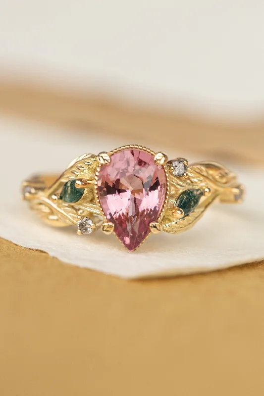Men's Peridot Engagement Rings in 14K Gold - Filled Metal with a Micro - Pave SettingPink spinel nature themed engagement ring with moss agates and salt and pepper diamonds / Patricia