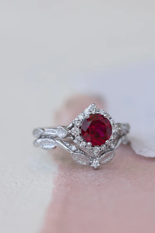Men's Tanzanite Engagement Rings in Palladium with a Three - Stone ArrangementREADY TO SHIP: Florentina ring set in 14K white gold, lab ruby round cut 6.5 mm, accent moissanites, AVAILABLE RING SIZES: 5.5 - 8.5 US
