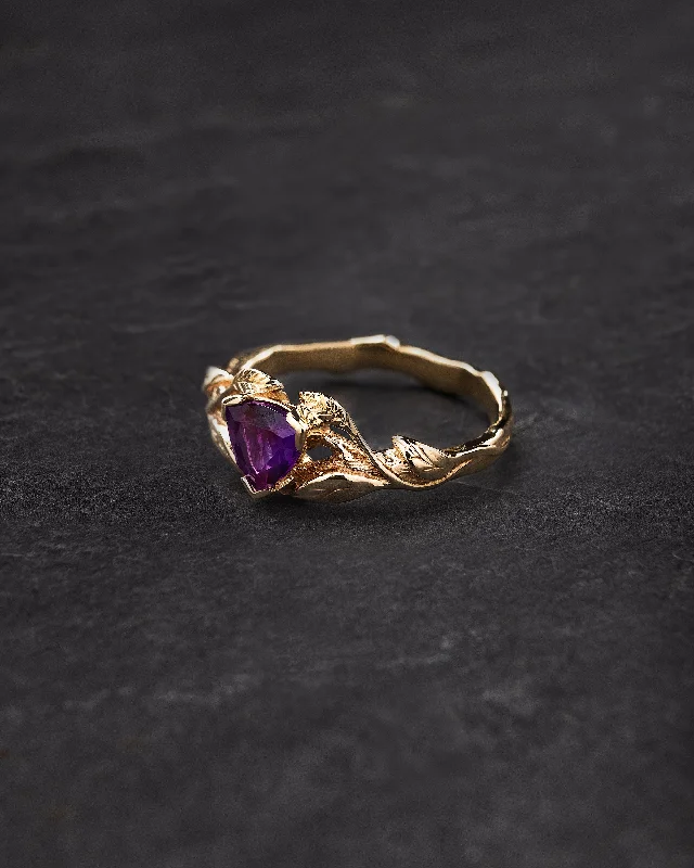 Men's Opal Engagement Rings in 10K Gold with a Milgrain - Trimmed BandYellow gold branch ring with vivid purple amethyst / Clematis