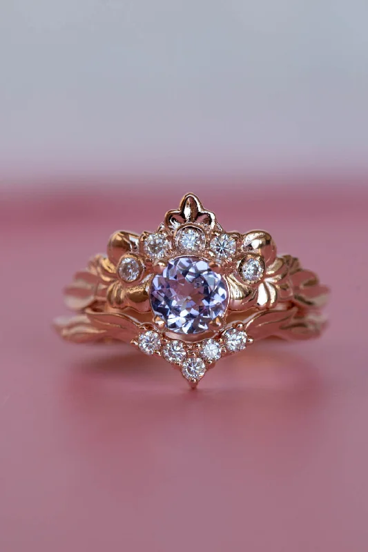 Men's Tourmaline Engagement Rings in 18K Two - Tone Gold with a Floral - Inspired SettingREADY TO SHIP: Forget Me Not ring set in 14K rose gold, natural tanzanite round cut 6 mm, accent moissanites, AVAILABLE RING SIZES: 5.5 - 8.5 US