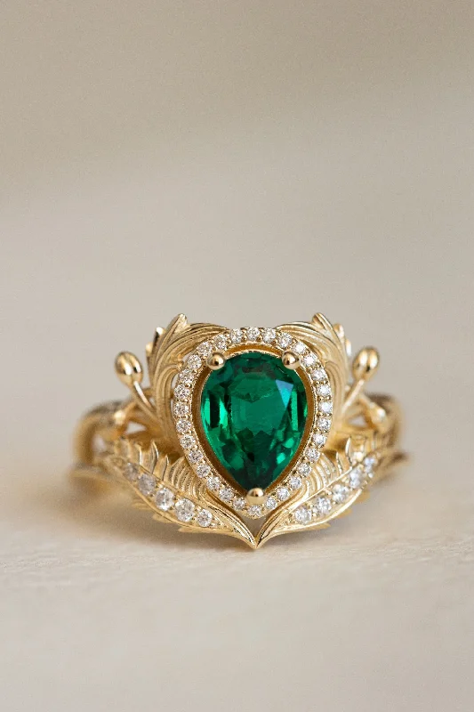 Men's Emerald Engagement Rings with 14K Yellow Gold and Vintage - Style Filigree1 carat lab emerald engagement ring, gold nature inspired ring with diamond halo / Adonis halo Men's Emerald Engagement Rings with 14K Yellow Gold and Vintage - Style Filigree1 carat lab emerald engagement ring, gold nature inspired ring with diamond halo / Adonis halo