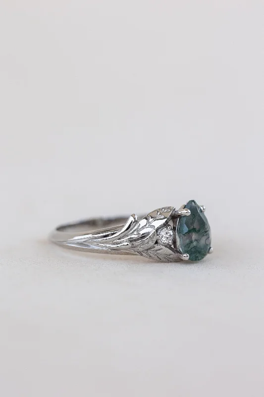Men's Aquamarine Engagement Rings in 9K Gold with a Bezel - Set StoneUnique moss agate engagement ring, white gold engagement ring with accent diamonds / Wisteria