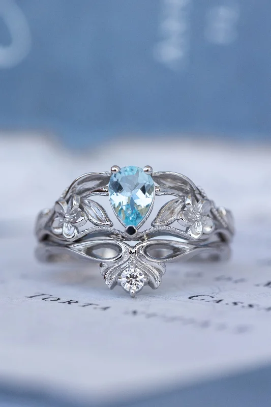 Men's Peridot Engagement Rings in 14K Gold - Filled Metal with a Micro - Pave SettingNatural aquamarine engagement ring set, art nouveau flower bridal ring set / Eloise