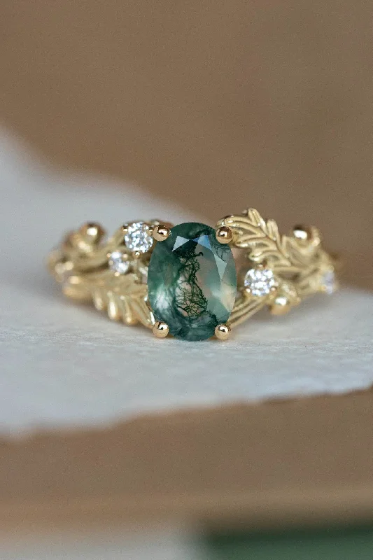 Men's Opal Engagement Rings in 10K Gold with a Milgrain - Trimmed BandMoss agate engagement ring, gold oak leaves and diamonds proposal ring / Silviya