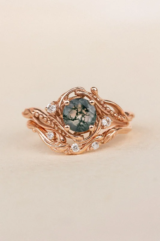 Men's Moonstone Engagement Rings in Silver - Plated Copper with a Celtic Knot PatternBridal ring set in rose gold with natural round moss agate and accent diamonds / Undina