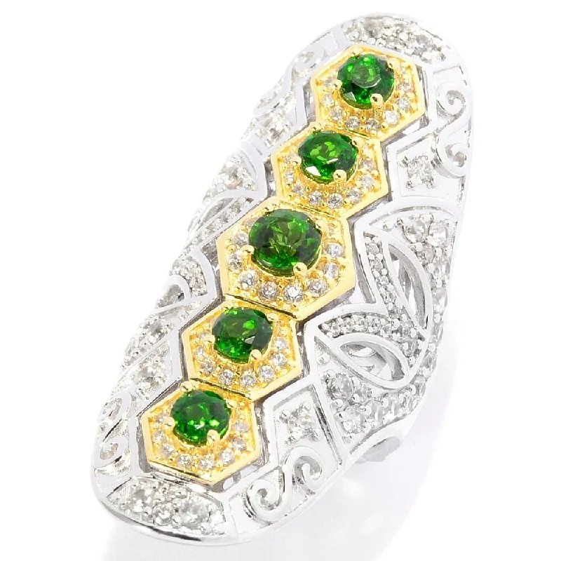 Agate Gemstone Rings in Sterling Silver with a Mosaic - Inspired Inlay for a Bohemian StyleChrome Diopside & White Zircon Cut-out Scrollwork Elongated Ring Agate Gemstone Rings in Sterling Silver with a Mosaic - Inspired Inlay for a Bohemian StyleChrome Diopside & White Zircon Cut-out Scrollwork Elongated Ring