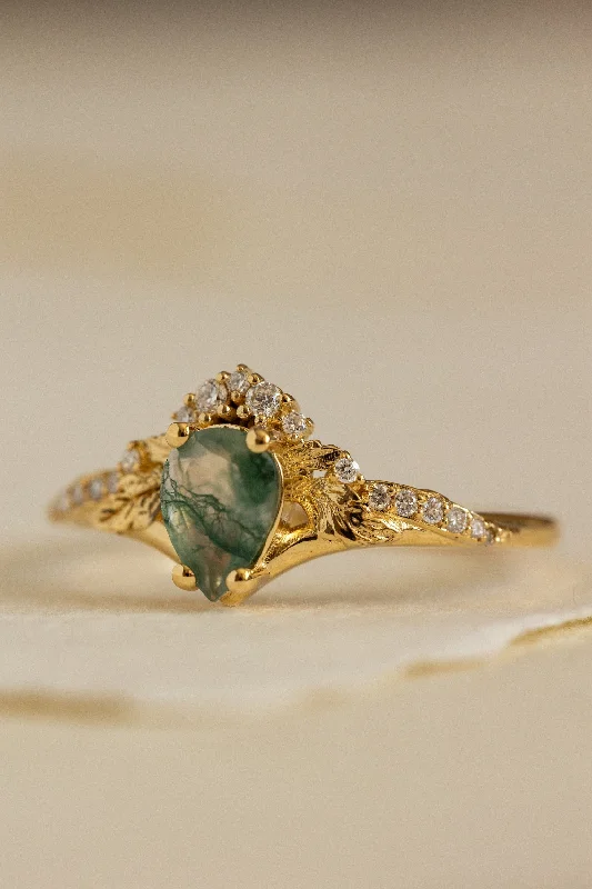 Men's Diamond Engagement Rings with Platinum Band and Halo Setting for a Luxury ProposalDiamond crown moss agate proposal ring / Amelia