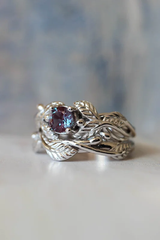 Men's Diamond Engagement Rings with Platinum Band and Halo Setting for a Luxury ProposalAlexandrite bridal ring set, nature inspired engagement and wedding rings / Cornus