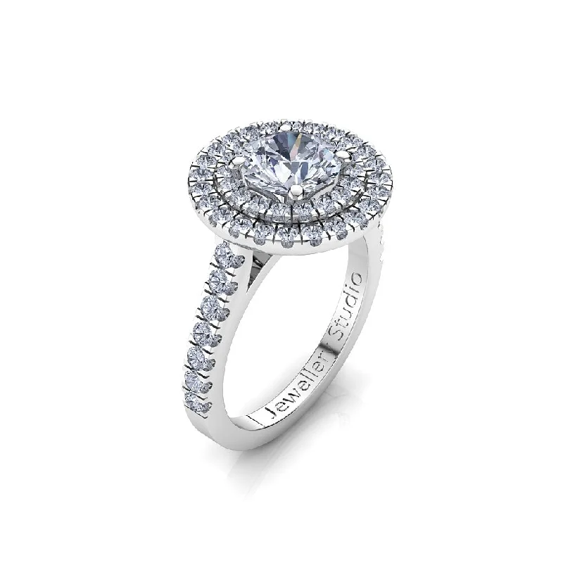 Men's Opal Engagement Rings in 10K Gold with a Milgrain - Trimmed BandDouble Halo Engagement Ring with 1.00ct Round Brilliant Cut Diamond