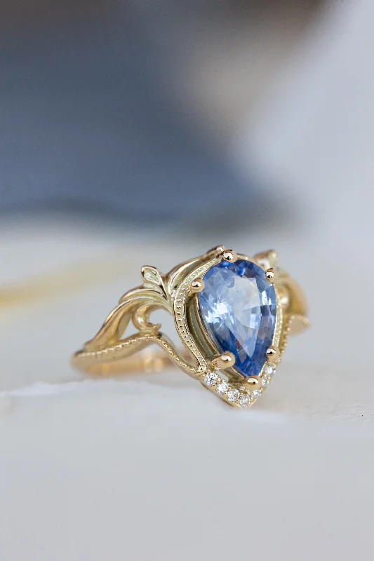Men's Garnet Engagement Rings in 18K Gold Vermeil with Intricate Engraved DetailsREADY TO SHIP: Lida ring in 14K yellow gold, natural blue sapphire pear cut 10x7 mm, accent natural diamonds, AVAILABLE RING SIZES: 5.25 - 8.25 US