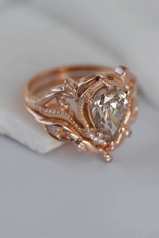 Men's Tourmaline Engagement Rings in 18K Two - Tone Gold with a Floral - Inspired SettingREADY TO SHIP: Lida ring set in 14K rose gold, champagne colour natural diamond, pear cut 10x7 mm, accent moissanites, AVAILABLE RING SIZES: 5 - 8 US