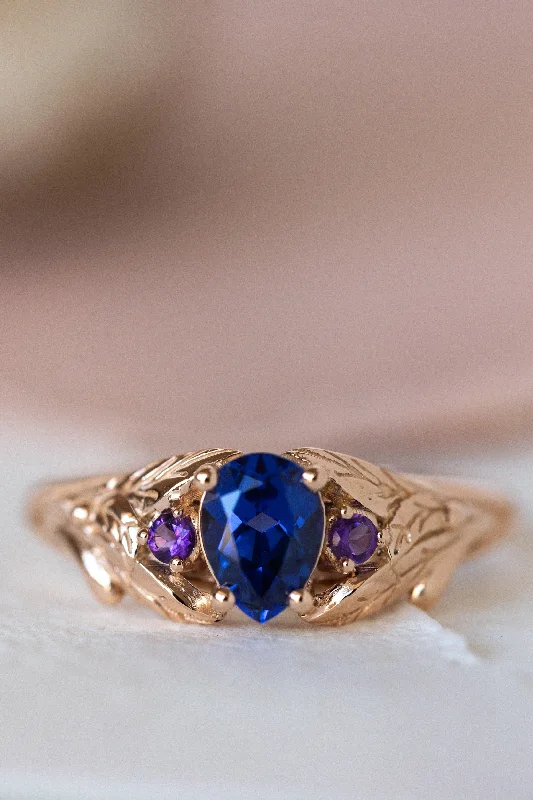 Men's Diamond Engagement Rings with Platinum Band and Halo Setting for a Luxury ProposalLab blue sapphire engagement ring with side natural amethysts / Wisteria