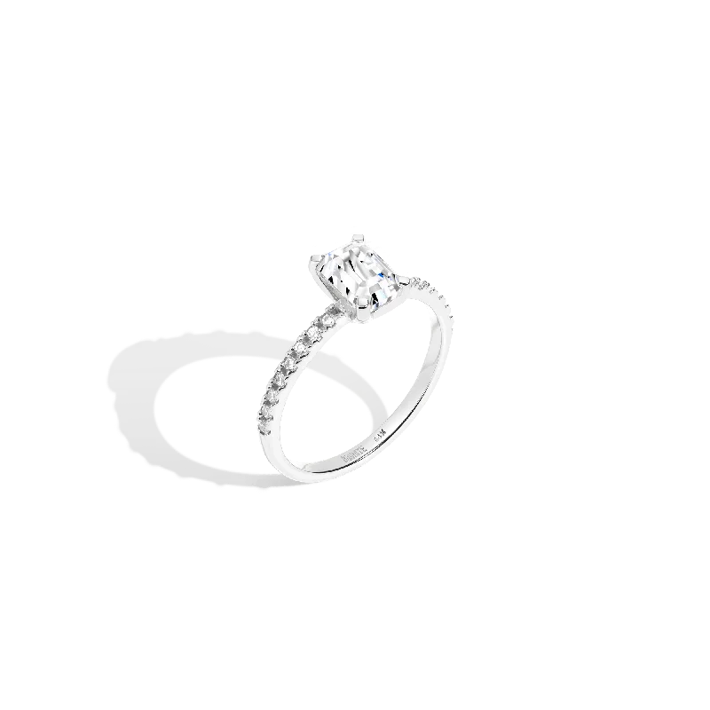 Men's Sapphire Engagement Rings in 18K White Gold with Pave Diamond AccentsPavé Emerald-Cut Solitaire Diamond Ring Men's Sapphire Engagement Rings in 18K White Gold with Pave Diamond AccentsPavé Emerald-Cut Solitaire Diamond Ring