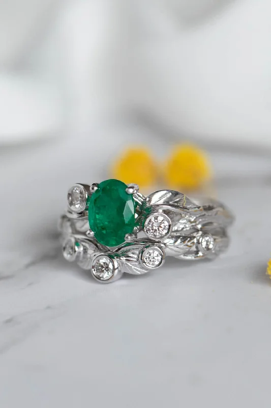Men's Malachite Engagement Rings in 14K Gold with a Carved Stone Centerpiece1 carat natural emerald bridal ring set, white gold engagement ring set with diamonds / Arius