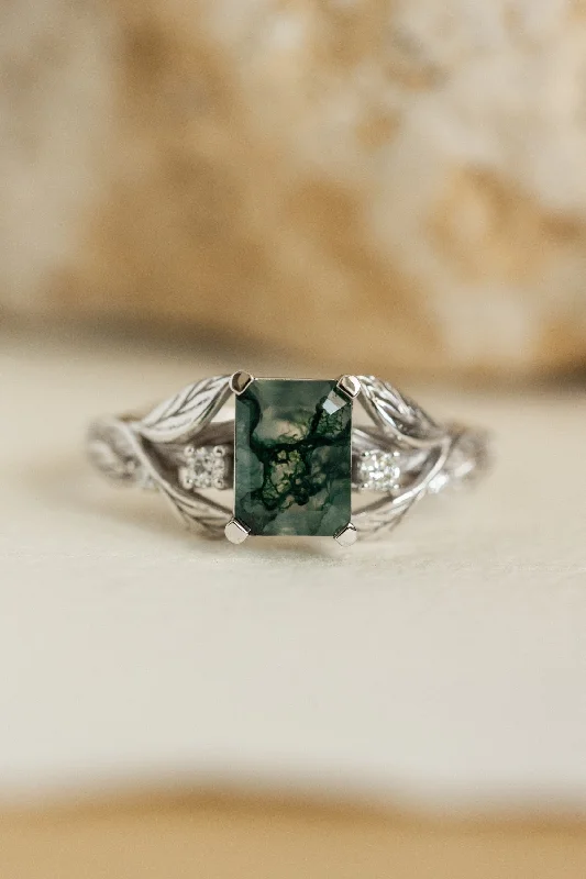 Men's Moonstone Engagement Rings in Silver - Plated Copper with a Celtic Knot PatternEmerald cut moss agate engagement ring, gold leafy ring with diamonds / Clematis