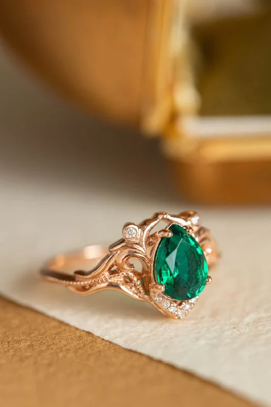 Men's Opal Engagement Rings in 10K Gold with a Milgrain - Trimmed BandPear lab emerald engagement ring, vintage inspired gold ring with diamonds / Lida small Men's Opal Engagement Rings in 10K Gold with a Milgrain - Trimmed BandPear lab emerald engagement ring, vintage inspired gold ring with diamonds / Lida small
