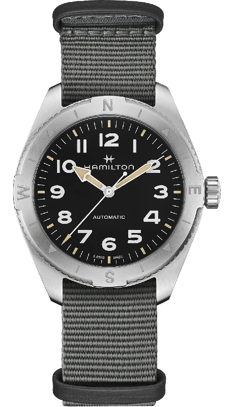 Men's Tungsten Carbide Wedding Bands with a Matte Finish and Grooved Details for a Modern and Durable OptionHamilton Khaki Field Expedition Auto Men's Tungsten Carbide Wedding Bands with a Matte Finish and Grooved Details for a Modern and Durable OptionHamilton Khaki Field Expedition Auto
