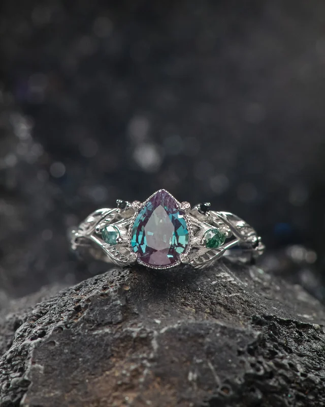 Men's Amethyst Engagement Rings in Sterling Silver with a Contemporary Geometric SettingAlexandrite and accent moss agates engagement ring, gold branch ring with black diamonds / Patricia