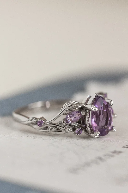 Men's Emerald Engagement Rings with 14K Yellow Gold and Vintage - Style FiligreePurple amethyst leafy ring, non-traditional engagement ring for nature lover / Patricia