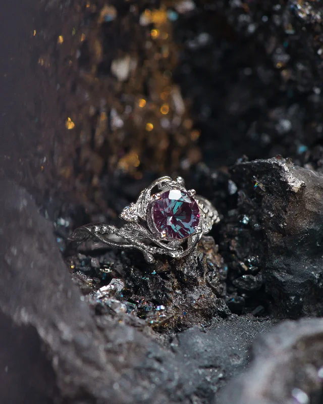 Men's Amethyst Engagement Rings in Sterling Silver with a Contemporary Geometric SettingREADY TO SHIP: Undina in 14K white gold, lab alexandrite 6.5 mm & accent lab diamonds, AVAILABLE RING SIZES: 5.5 - 8.5 US