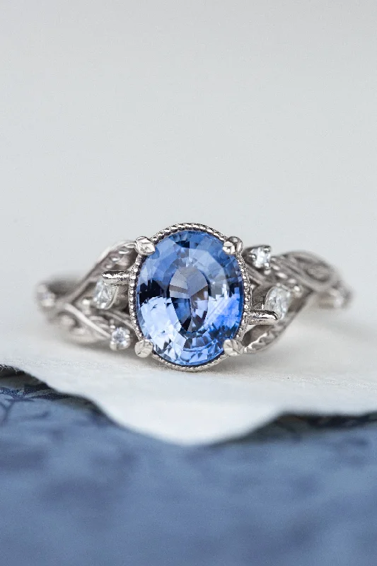 Men's Peridot Engagement Rings in 14K Gold - Filled Metal with a Micro - Pave Setting1.5 carat blue sapphire engagement ring, gold leaves and vines ring / Patricia