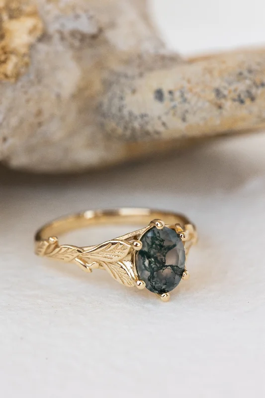 Men's Diamond Engagement Rings with Platinum Band and Halo Setting for a Luxury ProposalNatural moss agate gold leaf engagement ring, oval cut gemstone proposal ring / Freesia