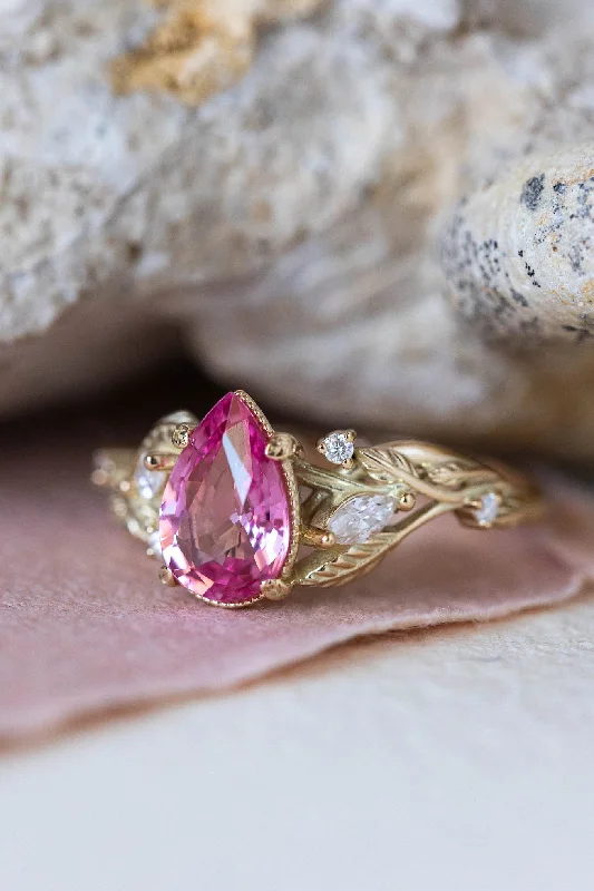 Men's Turquoise Engagement Rings in 925 Silver with a Southwestern - Inspired BandNatural pink spinel engagement ring, gold nature inspired engagement ring with leaves and diamonds / Patricia