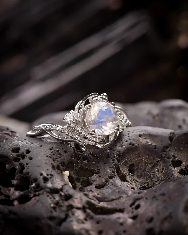 Men's Topaz Engagement Rings in 10K Gold with a Channel - Set Diamond BandREADY TO SHIP: Undina engagement ring in 14K white gold, round moonstone & accent lab diamonds, RING SIZES: 5.5 - 8.5 US