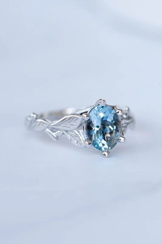 Men's Agate Engagement Rings in Sterling Silver with a Mosaic - Style InlayAquamarine gold engagement ring, white gold leaves promise ring / Freesia