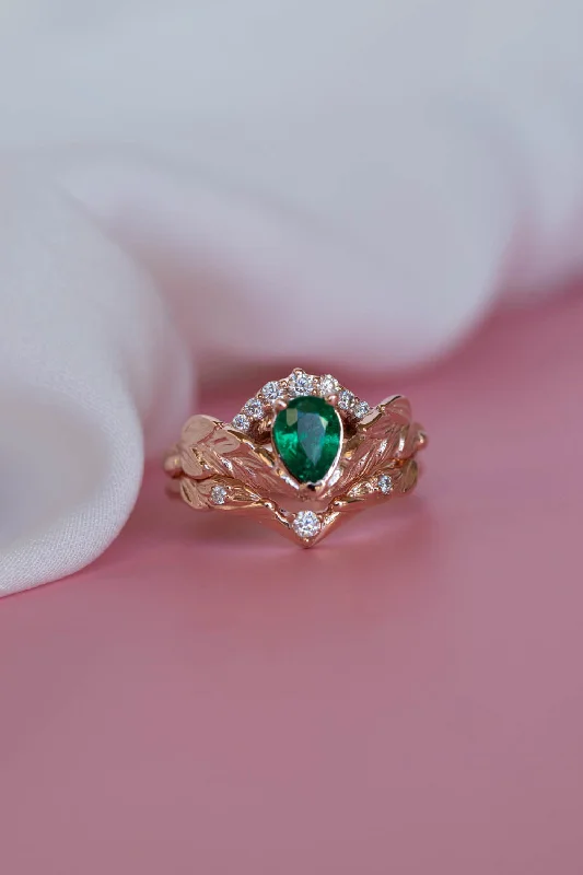 Men's Sapphire Engagement Rings in 18K White Gold with Pave Diamond AccentsREADY TO SHIP: Palmira Crown ring set in 14K rose gold, natural emerald pear cut 7x5 mm, accent moissanites, AVAILABLE RING SIZES: 5.5 - 8.5 US