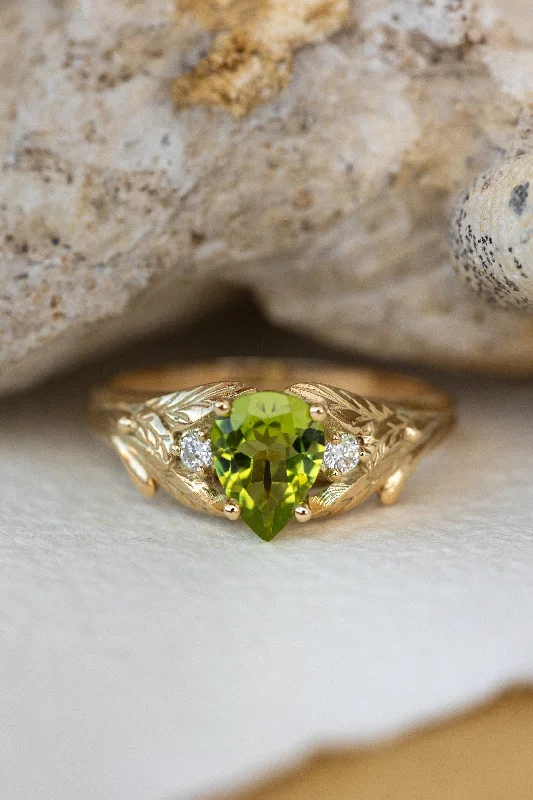 Men's Topaz Engagement Rings in 10K Gold with a Channel - Set Diamond BandPeridot engagement ring, nature inspired gold ring with side diamonds / Wisteria