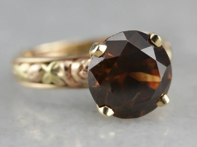 Topaz Gemstone Rings in 10K Gold with a Channel - Set Design for a Contemporary and Durable OptionBrown Zircon in Vintage Tri Color Gold Ring Topaz Gemstone Rings in 10K Gold with a Channel - Set Design for a Contemporary and Durable OptionBrown Zircon in Vintage Tri Color Gold Ring