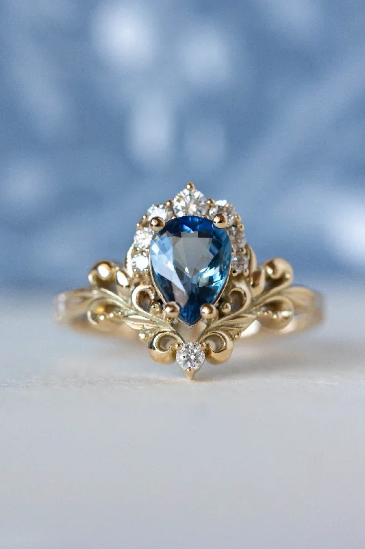 Men's Sapphire Engagement Rings in 18K White Gold with Pave Diamond AccentsNatural blue sapphire engagement ring, baroque inspired gold ring with diamonds / Sophie