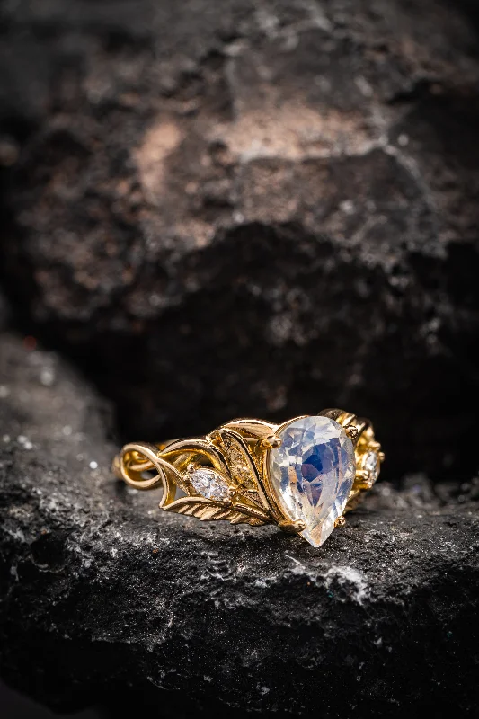 Men's Topaz Engagement Rings in 10K Gold with a Channel - Set Diamond BandBig teardrop moonstone engagement ring, nature themed proposal ring / Ikar