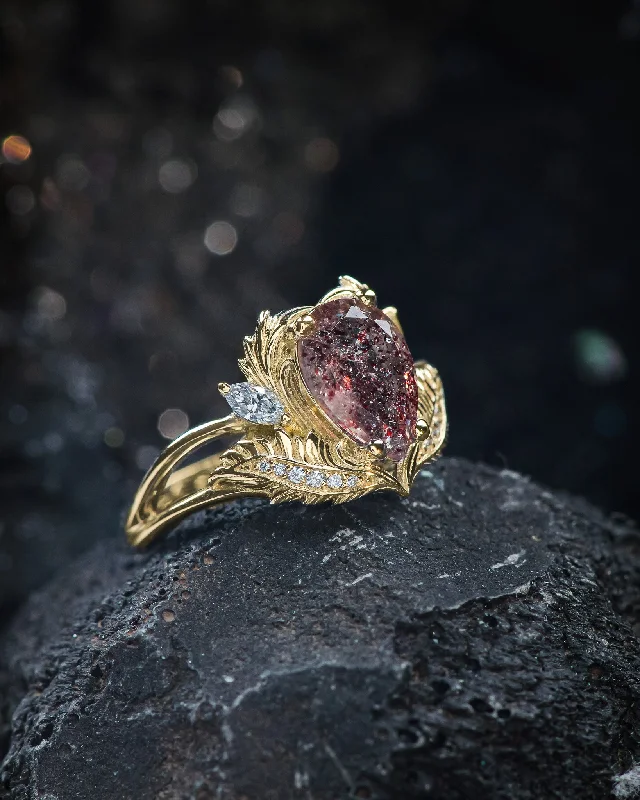Men's Peridot Engagement Rings in 14K Gold - Filled Metal with a Micro - Pave SettingUnique melody quartz engagement ring, 10x7 mm central melody quartz & accent diamonds