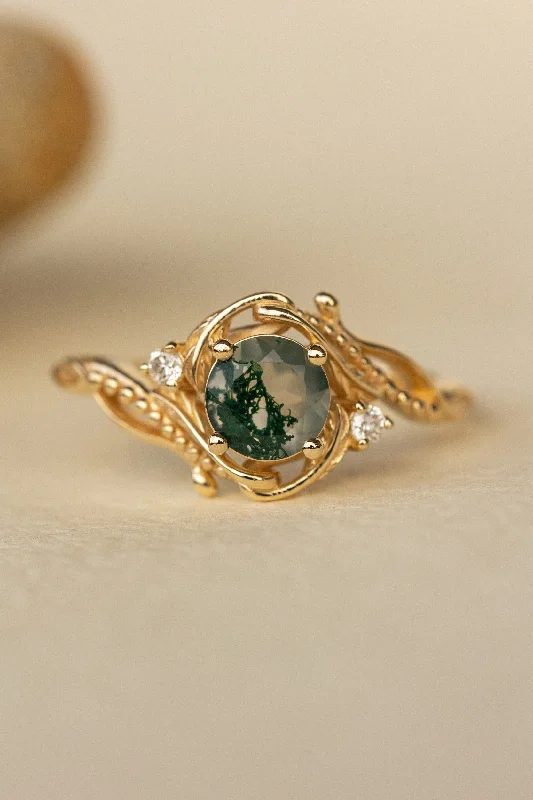 Men's Amethyst Engagement Rings in Sterling Silver with a Contemporary Geometric SettingNatural moss agate yellow gold engagement ring with accent diamonds, nature themed proposal gold ring with diamonds / Undina