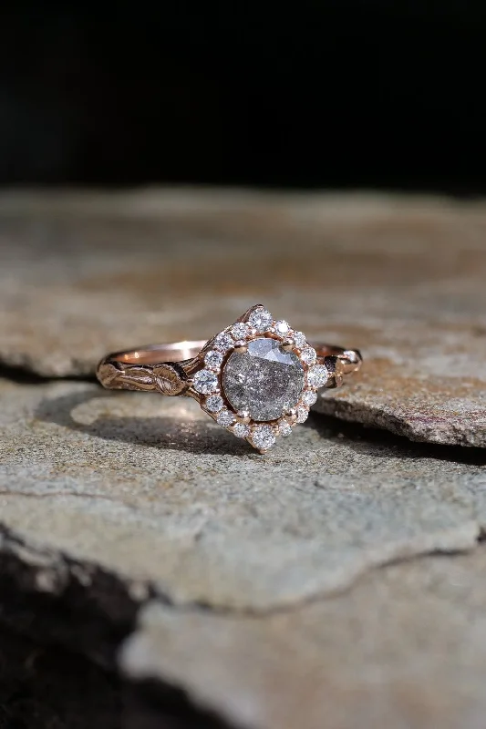 Men's Citrine Engagement Rings in Stainless Steel with a Stackable Band DesignRose vine inspired halo engagement ring with salt & pepper diamond / Florentina