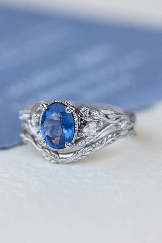 Men's Aquamarine Engagement Rings in 9K Gold with a Bezel - Set StoneNatural blue sapphire bridal ring set, white gold leaf engagement and wedding rings / Patricia