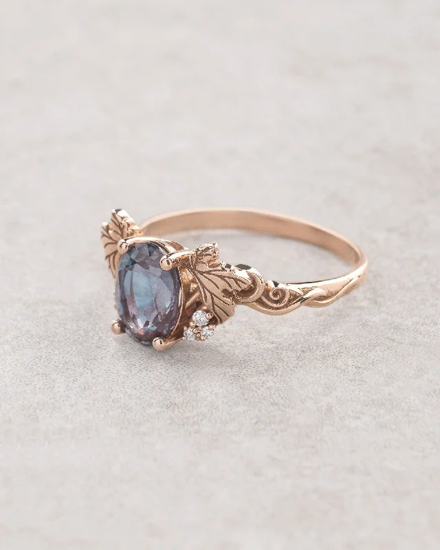 Men's Emerald Engagement Rings with 14K Yellow Gold and Vintage - Style FiligreeOval cut lab-created alexandrite and lab grown diamonds engagement ring / Vineyard