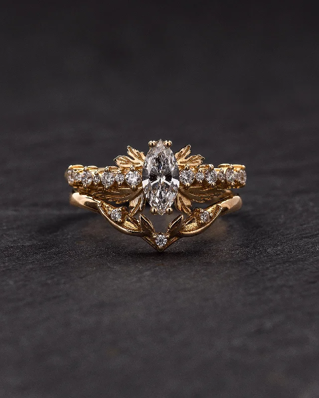 Men's Aquamarine Engagement Rings in 9K Gold with a Bezel - Set StoneMarquise lab grown diamond bridal ring set with exquisite leaf design / Verbena