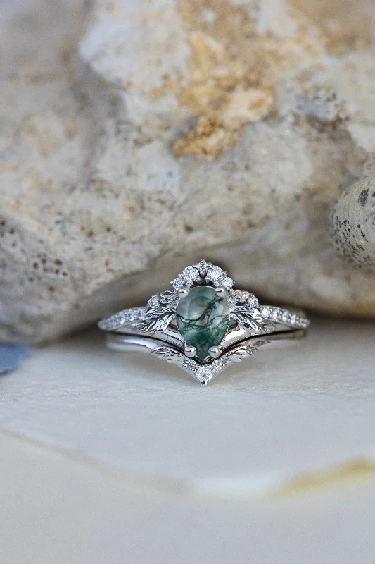 Men's Citrine Engagement Rings in Stainless Steel with a Stackable Band DesignOne of a kind moss agate bridal ring set, gold stacking engagement and wedding rings / Amelia