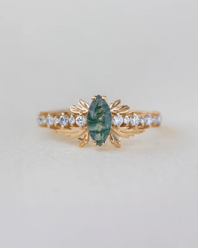 Men's Citrine Engagement Rings in Stainless Steel with a Stackable Band DesignREADY TO SHIP: Verbena ring in 18K yellow gold, natural moss agate marquise cut 8x4 mm, accents lab grown diamonds, RING SIZE: 5.5 - 8.5 US