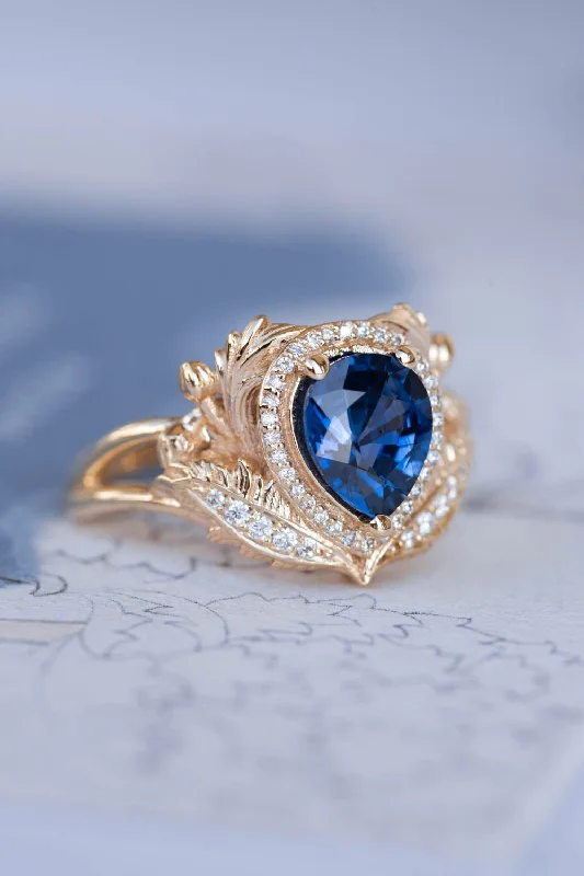 Men's Moonstone Engagement Rings in Silver - Plated Copper with a Celtic Knot PatternDark blue sapphire engagement ring, gold ring with diamond halo / Adonis halo