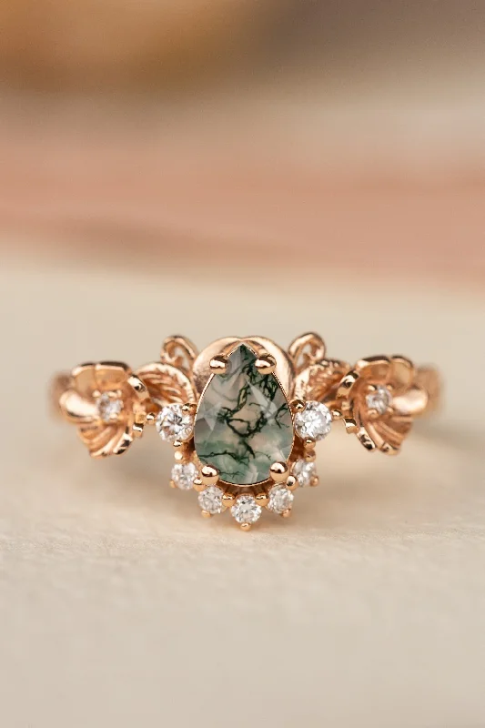 Men's Agate Engagement Rings in Sterling Silver with a Mosaic - Style InlayPear moss agate engagement ring with half-halo diamond, rose gold flower proposal ring / Adelina Men's Agate Engagement Rings in Sterling Silver with a Mosaic - Style InlayPear moss agate engagement ring with half-halo diamond, rose gold flower proposal ring / Adelina