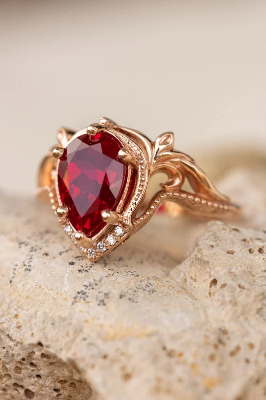 Men's Black Onyx Engagement Rings Set in Titanium for a Modern and Bold LookLab ruby and diamonds engagement ring, big pear shape gemstone promise ring  / Lida