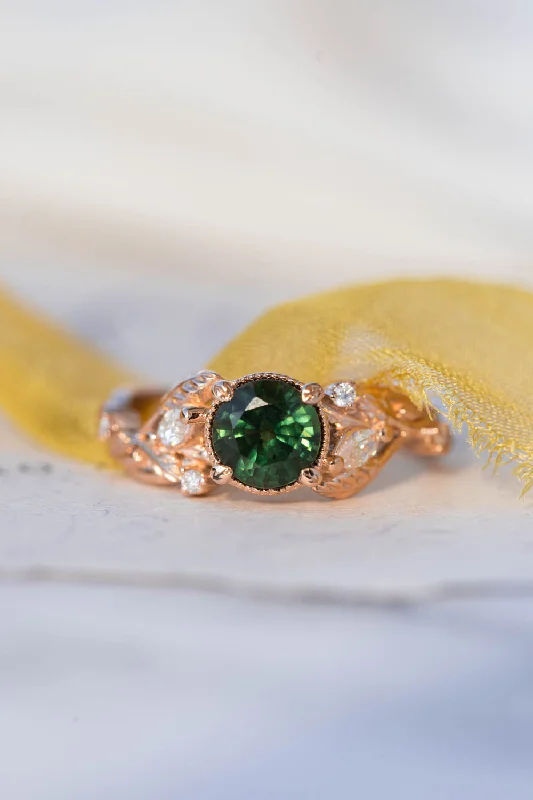 Men's Aquamarine Engagement Rings in 9K Gold with a Bezel - Set StoneNatural green sapphire engagement ring, rose gold proposal ring with leaves and diamonds / Patricia