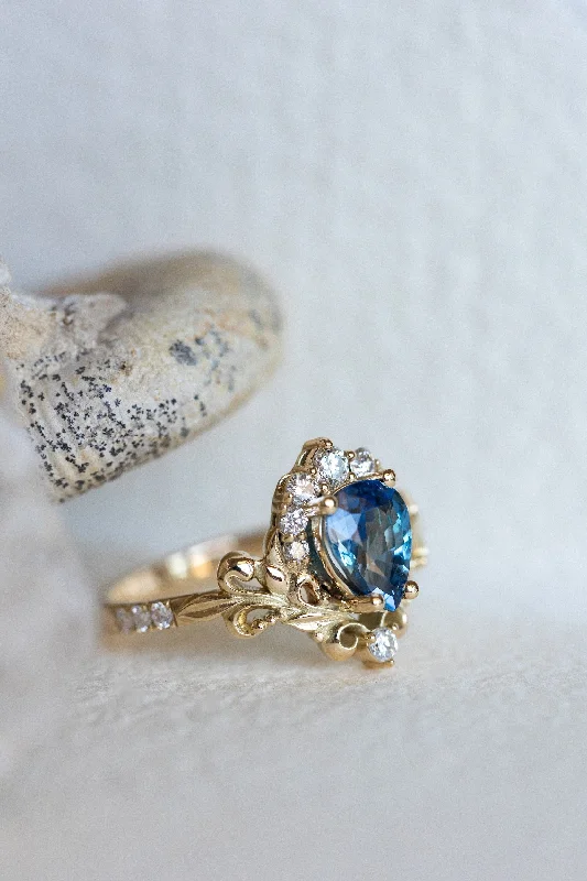 Men's Agate Engagement Rings in Sterling Silver with a Mosaic - Style InlayREADY TO SHIP: Sophie ring in 14K yellow gold, natural blue sapphire pear cut 8x6 mm, accent natural diamonds, AVAILABLE RING SIZES: 5.5 - 8.5 US